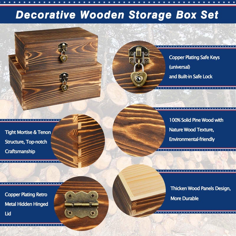BigHala Wood Keepsake Boxes with Lock and Keys Handcrafted Decorative Wooden Storage Case Cabinet Container Hinged Lid Country Rustic Style Organizer for Trinkets Gift Card Collection Coffee Color 2 Pack - Image 2