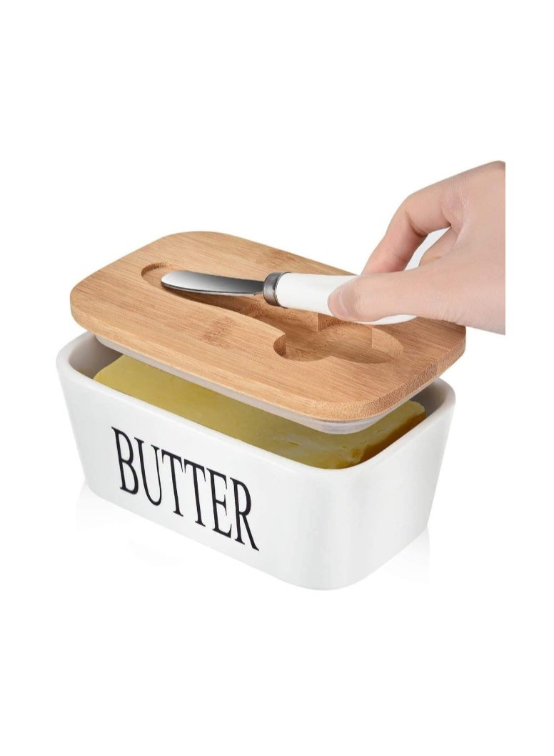 Funito Large Butter Dish with knife Holds Up to 2 Sticks Ceramics Butter Keeper Container with Bamboo Lid and Stainless Steel Double-layer Silicone Sealing Butter Dishes with Covers Good Kitchen Gift White - Image 1