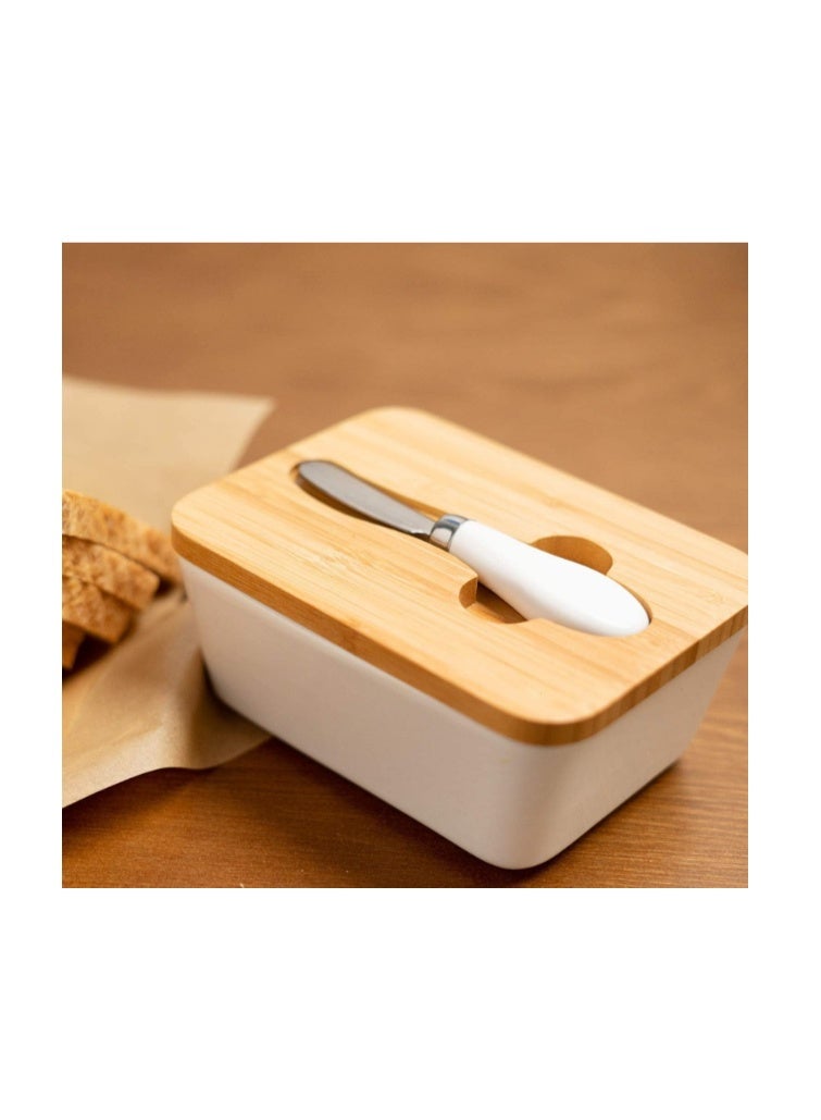Funito Large Butter Dish with knife Holds Up to 2 Sticks Ceramics Butter Keeper Container with Bamboo Lid and Stainless Steel Double-layer Silicone Sealing Butter Dishes with Covers Good Kitchen Gift White - Image 2