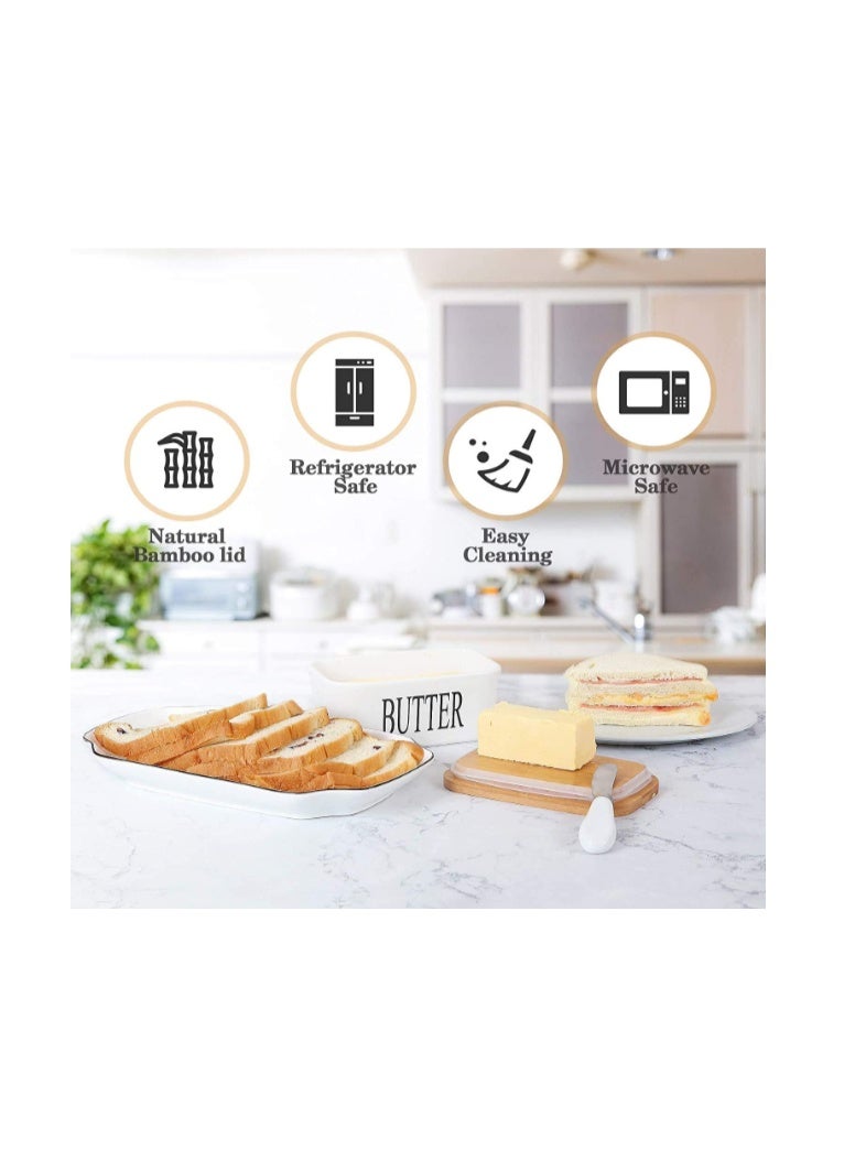 Funito Large Butter Dish with knife Holds Up to 2 Sticks Ceramics Butter Keeper Container with Bamboo Lid and Stainless Steel Double-layer Silicone Sealing Butter Dishes with Covers Good Kitchen Gift White - Image 5