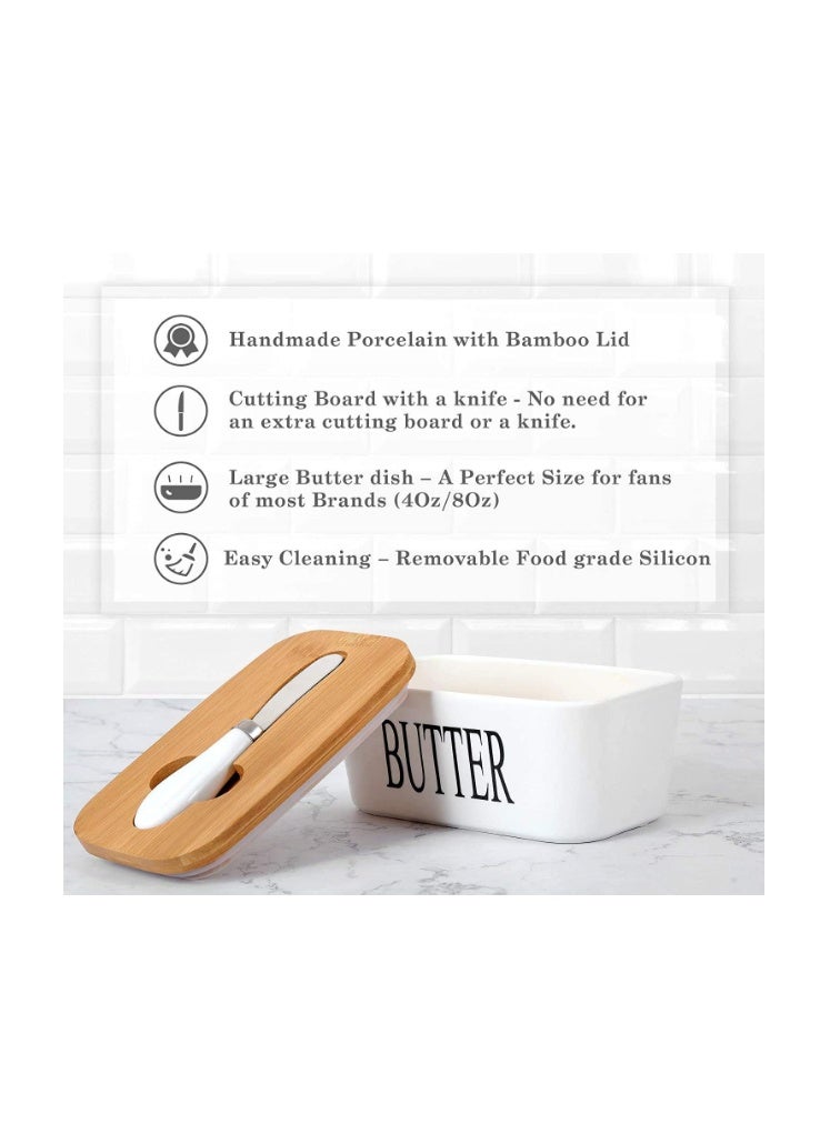 Funito Large Butter Dish with knife Holds Up to 2 Sticks Ceramics Butter Keeper Container with Bamboo Lid and Stainless Steel Double-layer Silicone Sealing Butter Dishes with Covers Good Kitchen Gift White - Image 4