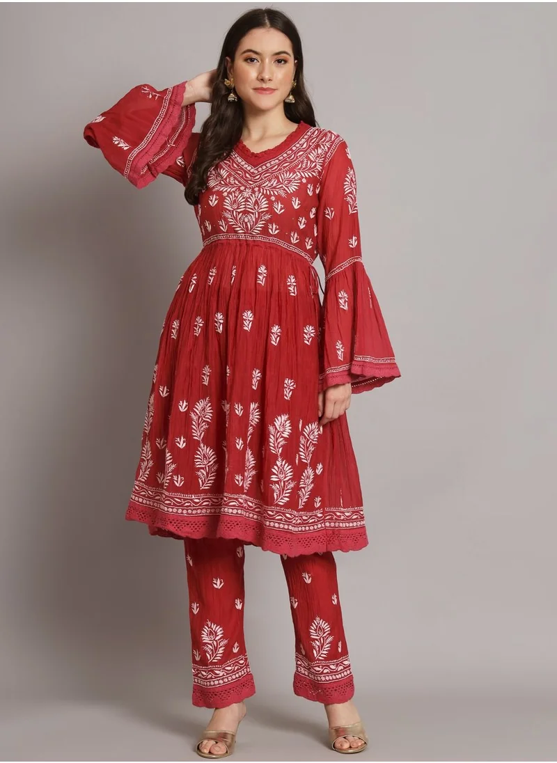 Alaya Hand Embroidered Chikankari Chanderi Cotton Frock Style Kurta Pant-AL3661KS