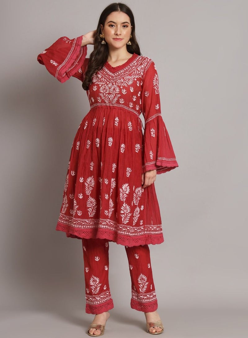 الايا مطرزة يدويا شيكانكاري بنطلون كورتا من شانديري قطن بنمط فرو- AL3661KS  - Image 1
