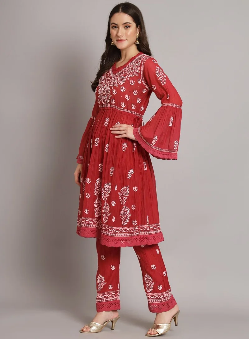 Alaya Hand Embroidered Chikankari Chanderi Cotton Frock Style Kurta Pant-AL3661KS