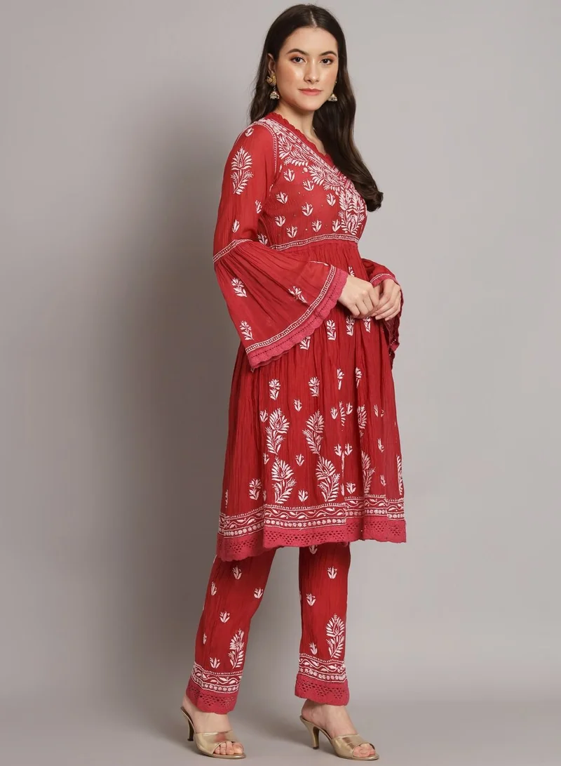 Alaya Hand Embroidered Chikankari Chanderi Cotton Frock Style Kurta Pant-AL3661KS
