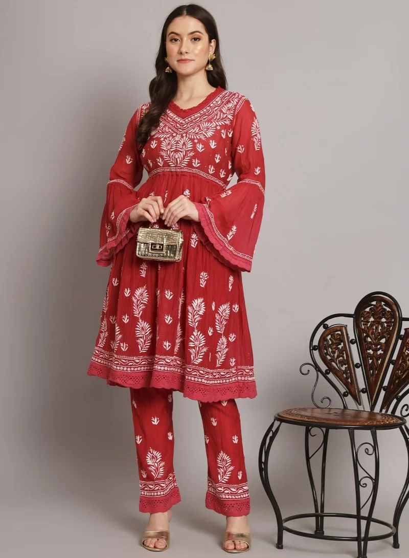 Alaya Hand Embroidered Chikankari Chanderi Cotton Frock Style Kurta Pant-AL3661KS