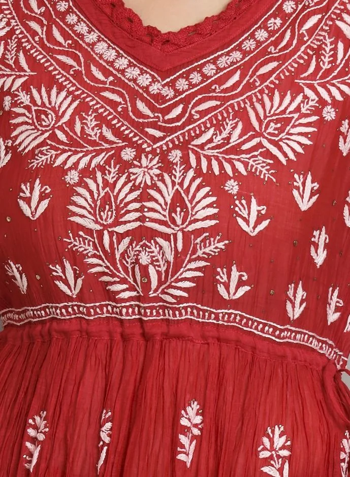 Alaya Hand Embroidered Chikankari Chanderi Cotton Frock Style Kurta Pant-AL3661KS