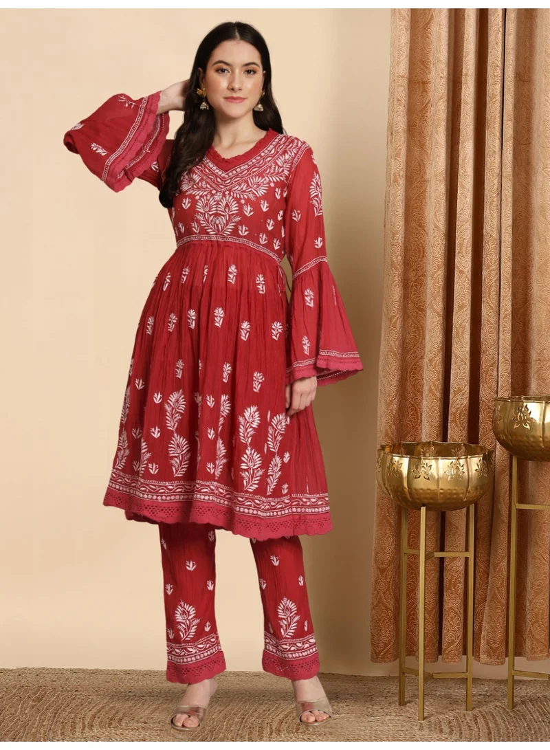 Alaya Hand Embroidered Chikankari Chanderi Cotton Frock Style Kurta Pant-AL3661KS