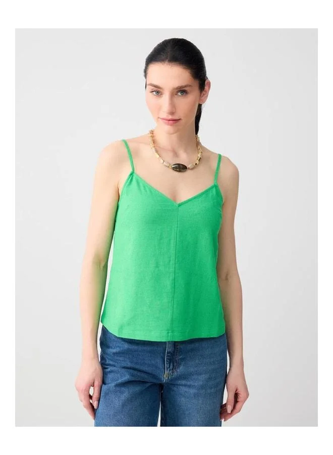 Jimmy Key Green V-Neck Sleeved Linen-Blend Woven Blouse.