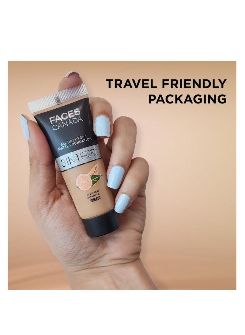 FACES CANADA All Day Hydra Matte Foundation Mini 3 in-1 Foundation Moisturizer 24 HR Aloe Hydration and Vitamin C 10HR Long Wear  Medium to High Buildable Coverage Caramel Natural 15ml
