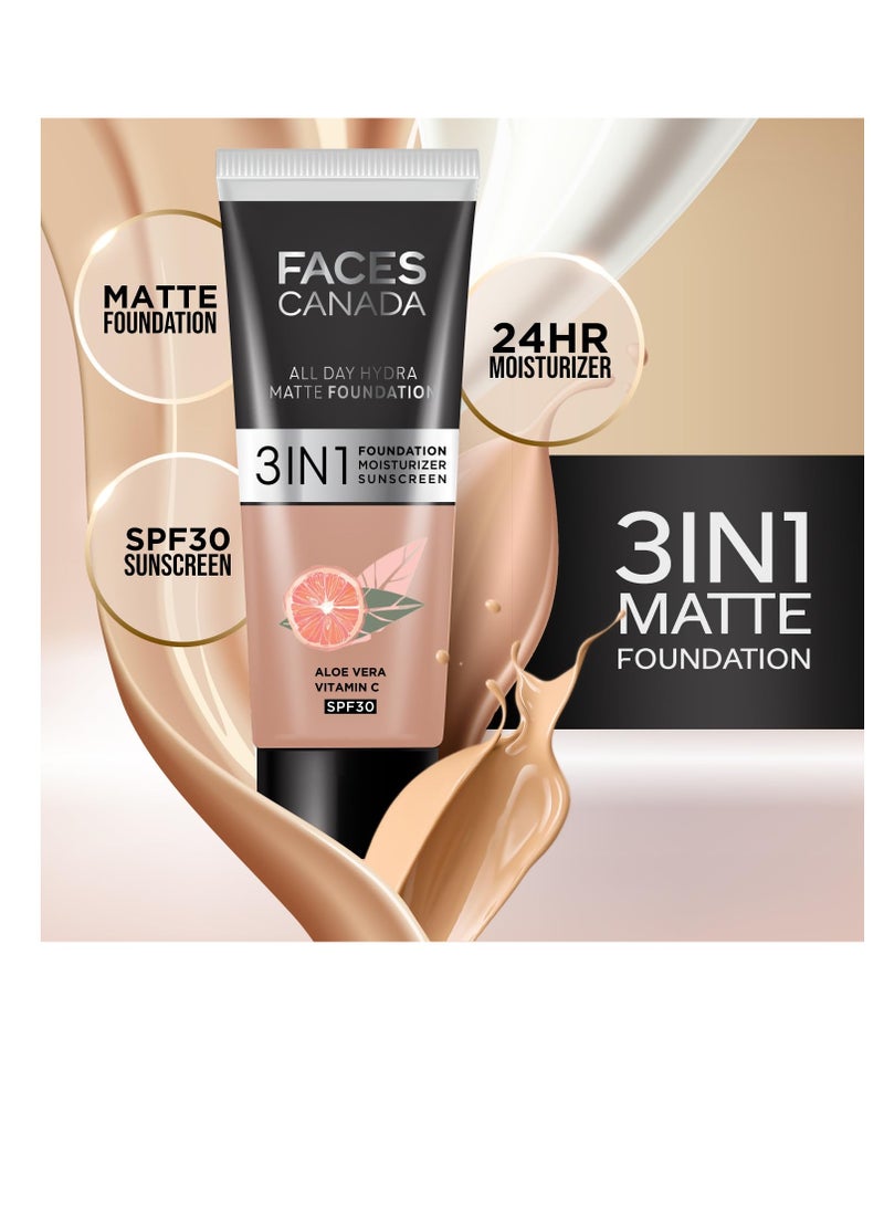 FACES CANADA All Day Hydra Matte Foundation Mini 3 in-1 Foundation Moisturizer 24 HR Aloe Hydration and Vitamin C 10HR Long Wear  Medium to High Buildable Coverage Caramel Natural 15ml