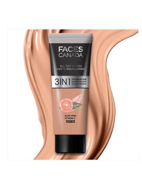 FACES CANADA All Day Hydra Matte Foundation Mini 3 in-1 Foundation Moisturizer 24 HR Aloe Hydration and Vitamin C 10HR Long Wear  Medium to High Buildable Coverage Caramel Natural 15ml