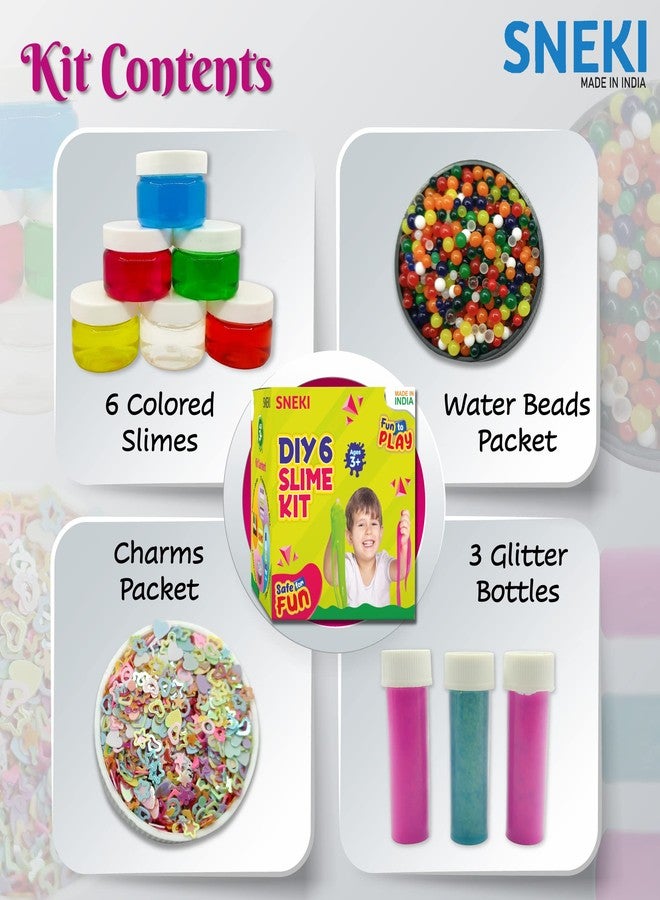 SNEKI (6 Slime Kit) Non Sticky Crystal Clay Kids Slime Gel Jelly Putty Toy for Kids Educational Creative DIY Toys Stress Relief Sludge Toy Kit for Girls Boys with Glitter Charms Star Beads Ball Set - Image 2