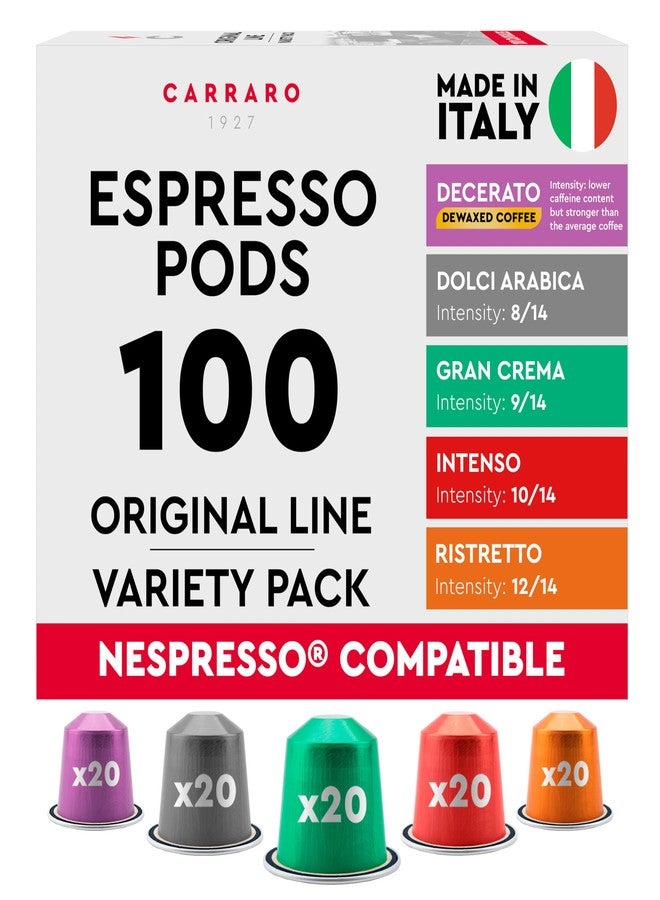 CARRARO Variety Pack - 100 Premium Espresso Pods Compatible with Nespresso Original Machines - Medium & Dark Roast Espresso Aluminum Capsules, 10 Packs - 100 Servings, Made in Italy - Image 1