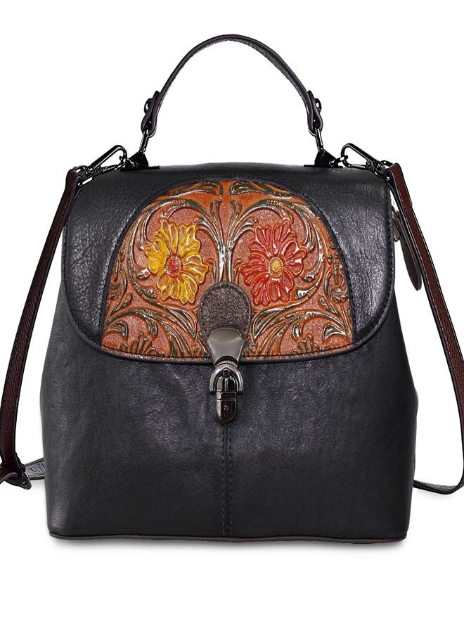 SHARPAD Genuine Leather Satchel for Women Top Handle Bags Handmade Purse Vintage Embossed Leather Crossbody Handbags Hobo Bag, Black-3 - Image 1
