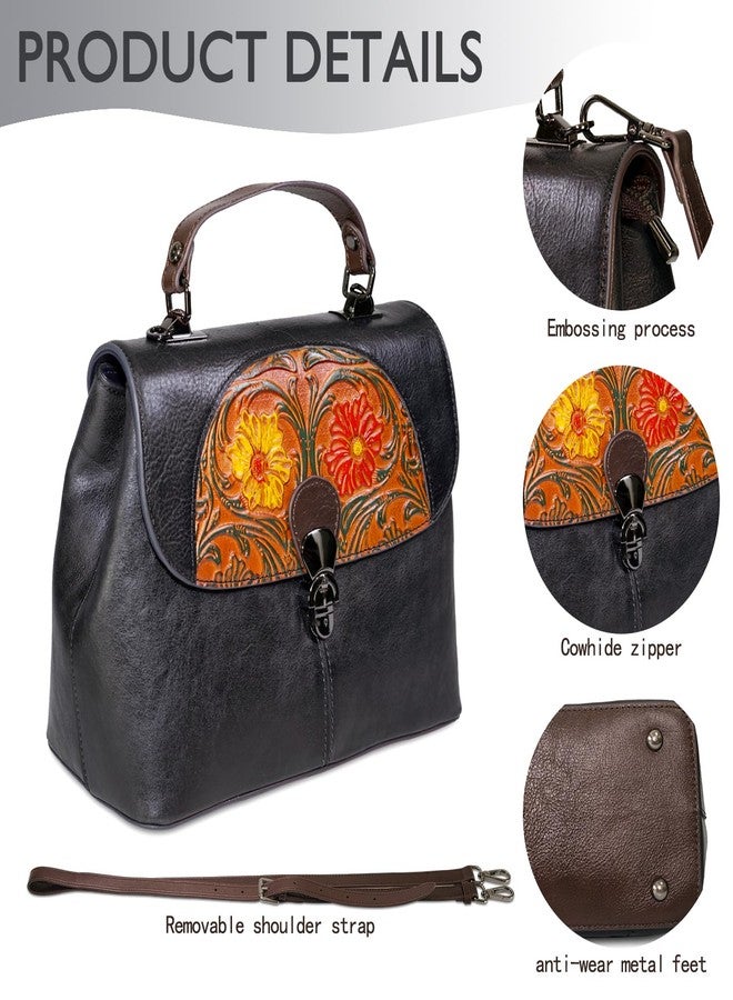 SHARPAD Genuine Leather Satchel for Women Top Handle Bags Handmade Purse Vintage Embossed Leather Crossbody Handbags Hobo Bag, Black-3 - Image 4