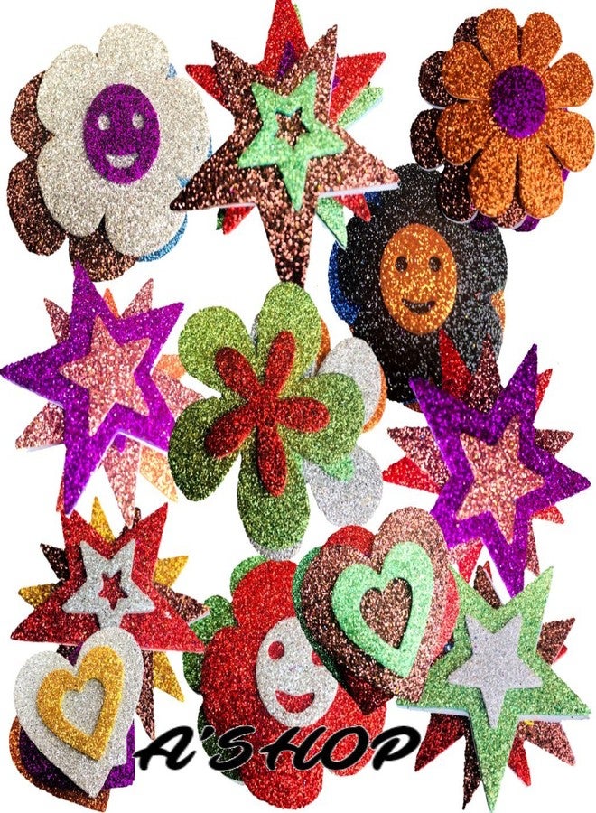 A'SHOP 5.5 cm Mixed Shaped Glitter Eva Foam with Dual Designs for Card Making, Scrapbooking, Paper Decoration -Set of 36 Pieces (Multicolour) - Image 2