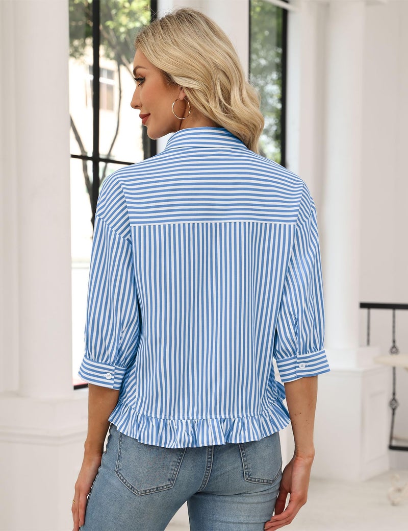LOMON Womens 3/4 Sleeve Button Down Tops Dressy Casual Collared Shirts Blouses Ruffle Babydoll Tops Loose Fit Blue Stripe M - Image 3