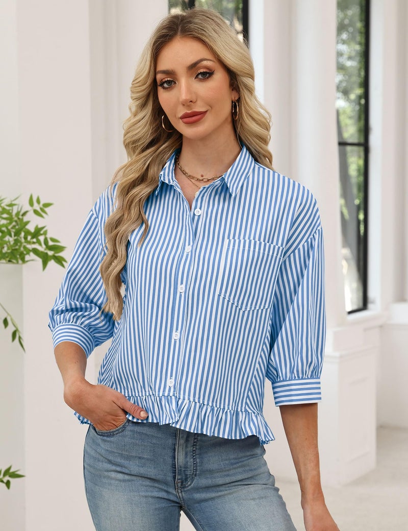 LOMON Womens 3/4 Sleeve Button Down Tops Dressy Casual Collared Shirts Blouses Ruffle Babydoll Tops Loose Fit Blue Stripe M - Image 2