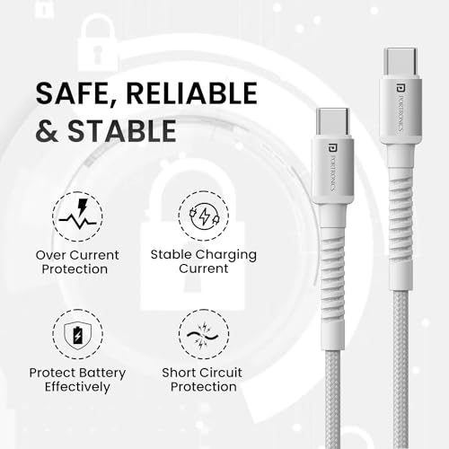 Portronics Konnect X 60W Type C to Type C Unbreakable Nylon Braided Cable, 1M Fast Charging Cable for iPhone 15 series, iPad, Samsung Galaxy & other Type C Devices(White) - Image 2
