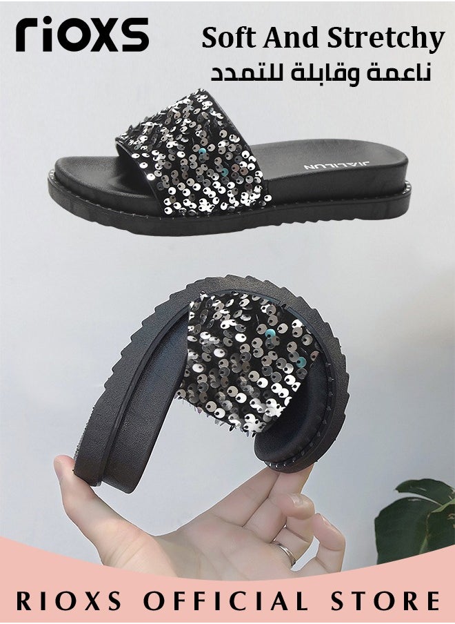 Women's Summer Sequins Slippers, Non-Slip Open-toe Beach Sandals, Glitter Plain Sliders, Soft Thick-soled Sandals for Indoor or Outdoor Use - pzsku/Z0D60807D1CBB476FA448Z/45/_/1699326866/aa128f67-64e5-41aa-80b4-7e1c0d97506b