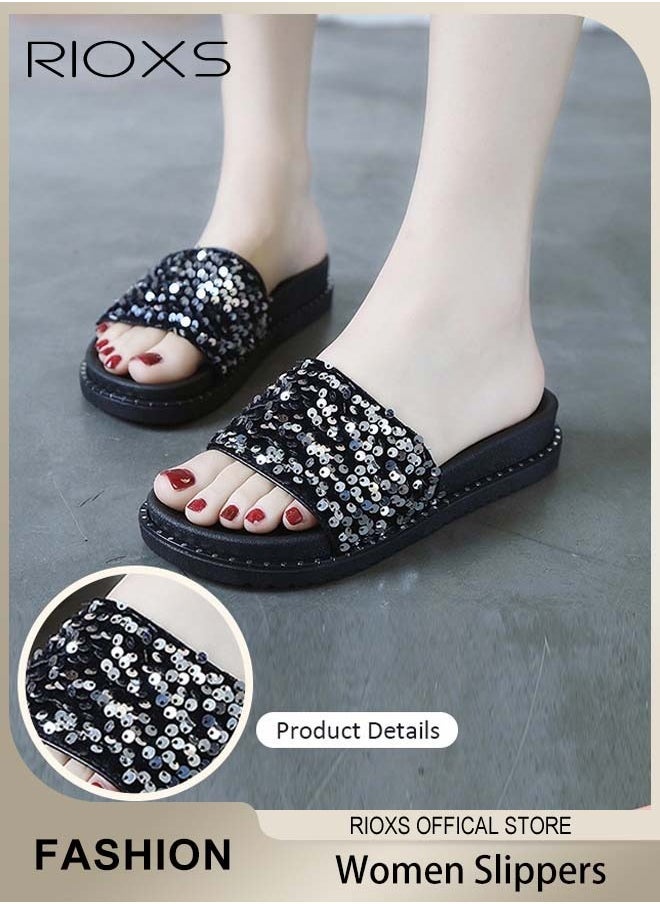 RIOXS Women's Summer Sequins Slippers, Non-Slip Open-toe Beach Sandals, Glitter Plain Sliders, Soft Thick-soled Sandals for Indoor or Outdoor Use  - Image 1