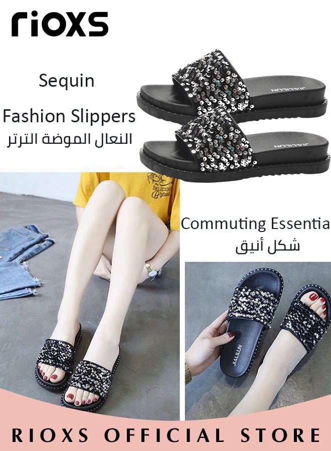 RIOXS Women's Summer Sequins Slippers, Non-Slip Open-toe Beach Sandals, Glitter Plain Sliders, Soft Thick-soled Sandals for Indoor or Outdoor Use  - Image 4