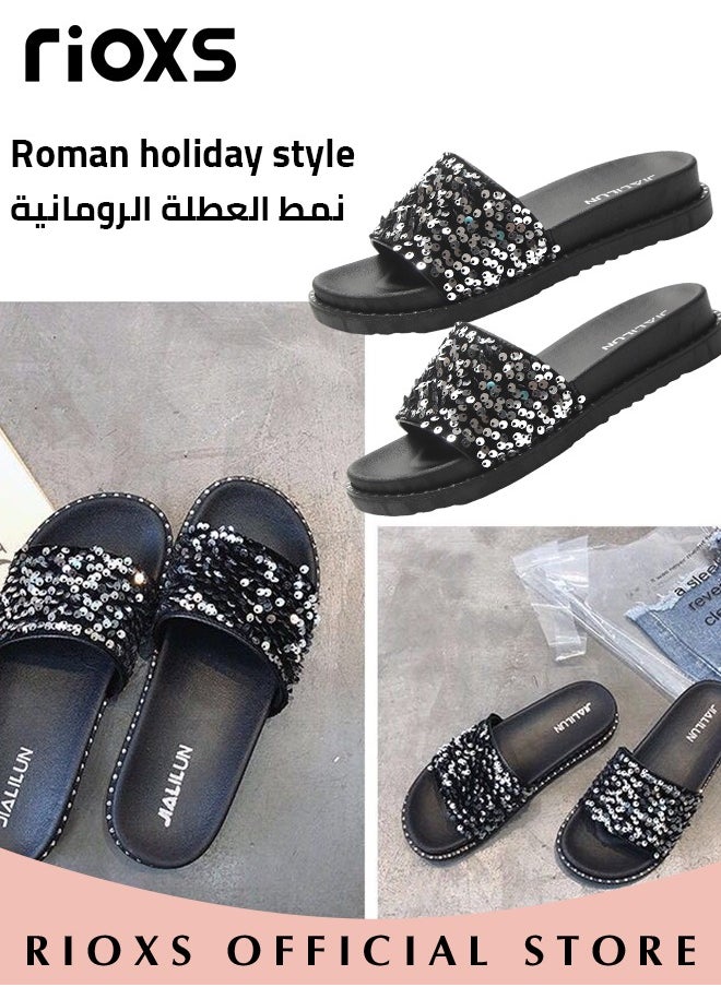 Women's Summer Sequins Slippers, Non-Slip Open-toe Beach Sandals, Glitter Plain Sliders, Soft Thick-soled Sandals for Indoor or Outdoor Use - pzsku/Z0D60807D1CBB476FA448Z/45/_/1740190263/d14db944-dd05-4cc6-b604-018d8e551861