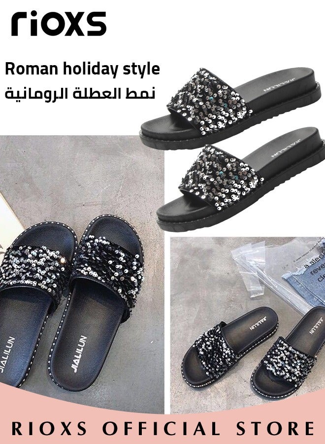 RIOXS Women's Summer Sequins Slippers, Non-Slip Open-toe Beach Sandals, Glitter Plain Sliders, Soft Thick-soled Sandals for Indoor or Outdoor Use  - Image 5