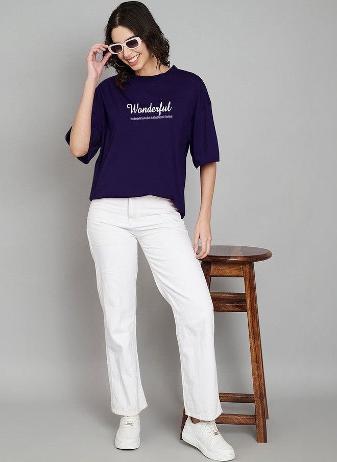 TREND LEVEL Navy Blue Typography Printed Oversized T-shirt for Women - Image 4