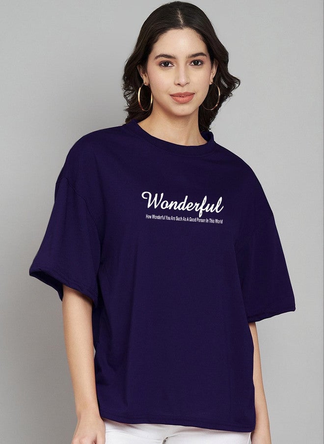 TREND LEVEL Navy Blue Typography Printed Oversized T-shirt for Women - Image 1