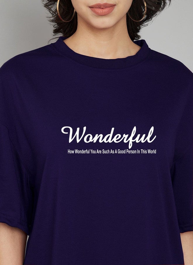 TREND LEVEL Navy Blue Typography Printed Oversized T-shirt for Women - Image 2