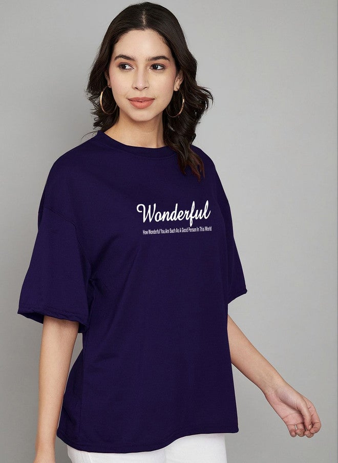 TREND LEVEL Navy Blue Typography Printed Oversized T-shirt for Women - Image 3