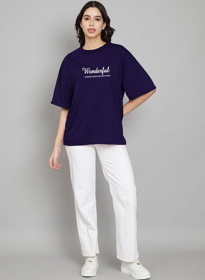 TREND LEVEL Navy Blue Typography Printed Oversized T-shirt for Women - Image 5