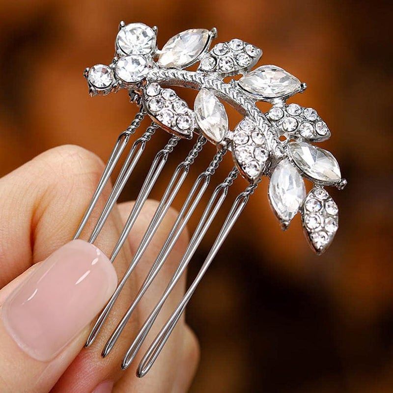 Foyte Crystal Bride Wedding Hair Comb Leaf Bridal Headpieces Rhinestone Hair Pieces Bridesmaid Side Combs Hair Accessories for Women silver leaf