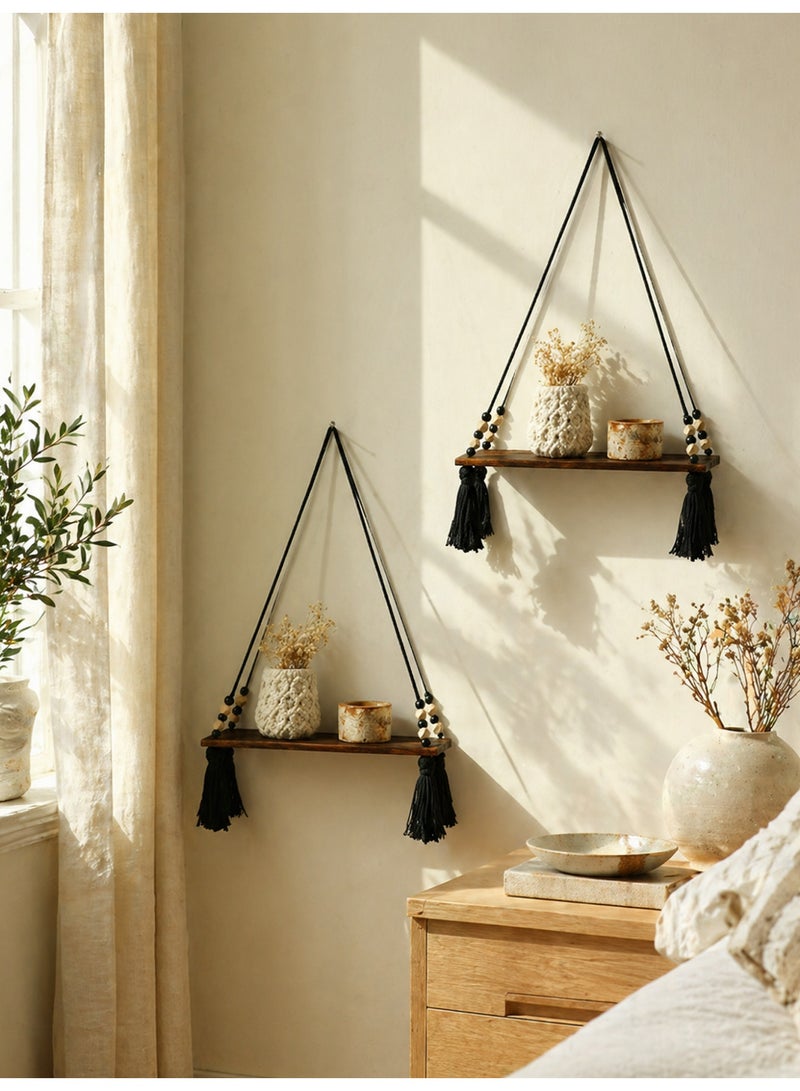 Ayana Casa Black Rope Hanging Shelf – Wooden Floating Wall Shelf with Wooden Beads and Tassel Macramé Planter Holder for Living Room Bedroom Home Décor - Image 5