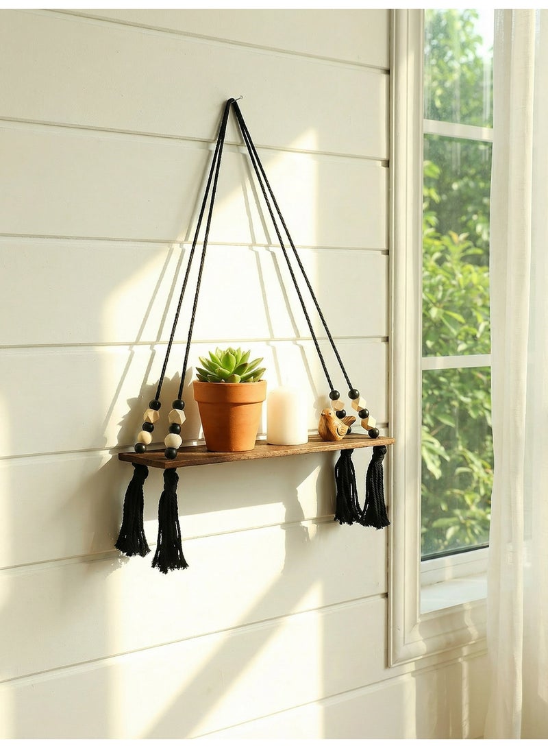 Ayana Casa Black Rope Hanging Shelf – Wooden Floating Wall Shelf with Wooden Beads and Tassel Macramé Planter Holder for Living Room Bedroom Home Décor - Image 3