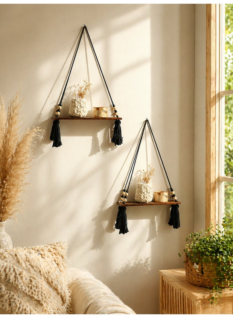 Ayana Casa Black Rope Hanging Shelf – Wooden Floating Wall Shelf with Wooden Beads and Tassel Macramé Planter Holder for Living Room Bedroom Home Décor - Image 4
