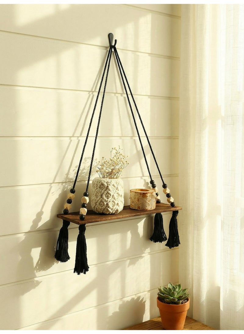 Ayana Casa Black Rope Hanging Shelf – Wooden Floating Wall Shelf with Wooden Beads and Tassel Macramé Planter Holder for Living Room Bedroom Home Décor - Image 1