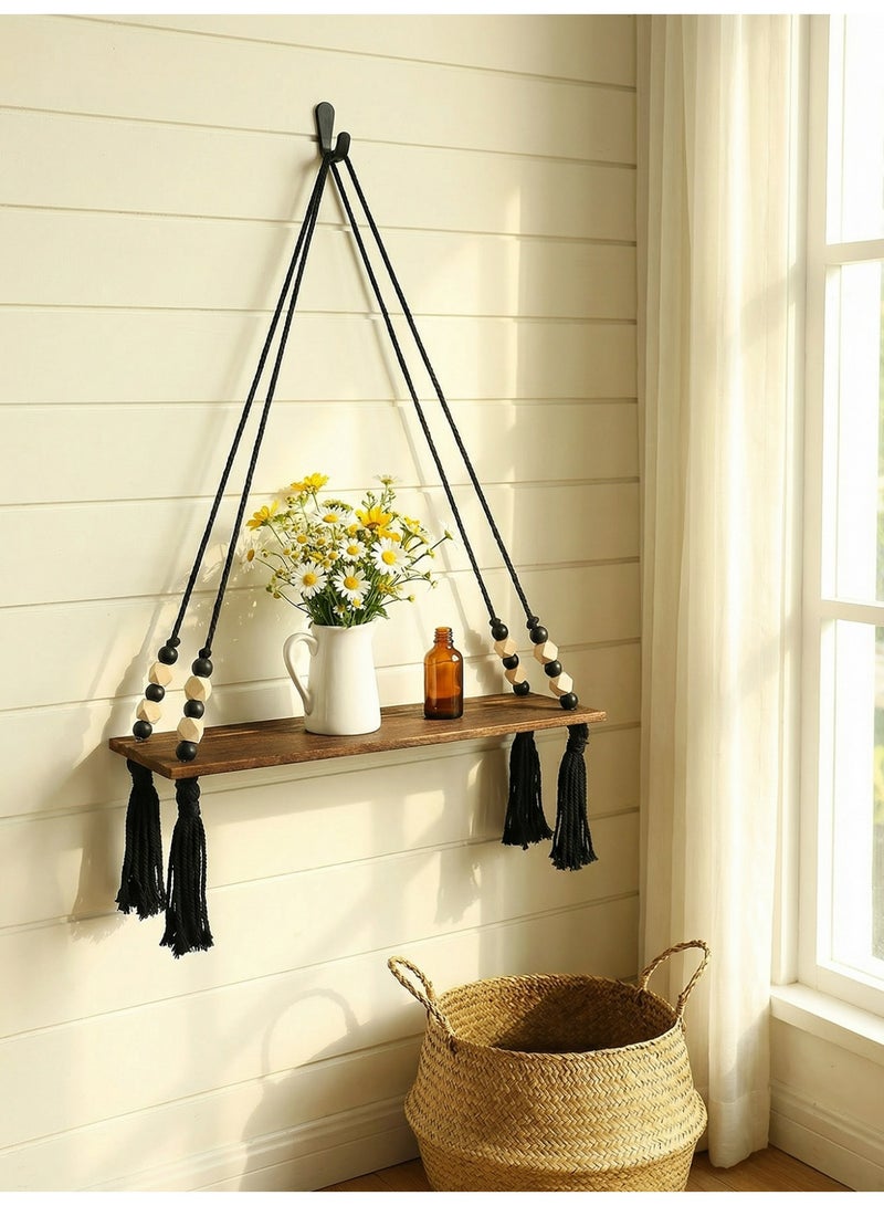 Ayana Casa Black Rope Hanging Shelf – Wooden Floating Wall Shelf with Wooden Beads and Tassel Macramé Planter Holder for Living Room Bedroom Home Décor - Image 2