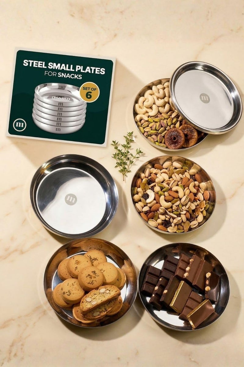 MARU Steel Small Round Snacks/Serving Plates Set of 6 (18 cm Each), Multi-Utility Quarter/Diet Plates for Small Meals with Mirror Finish Design, Perfect for Breakfast, Nashta, Dessert & Daily Use - Image 1