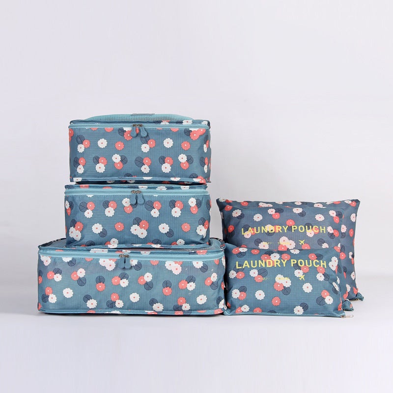 Korean-style Travel Storage Bag Clothes Household 6-piece Storage Bag Underwear Panties Pull Rod Storage Set 6-piece Set Blue Flowers