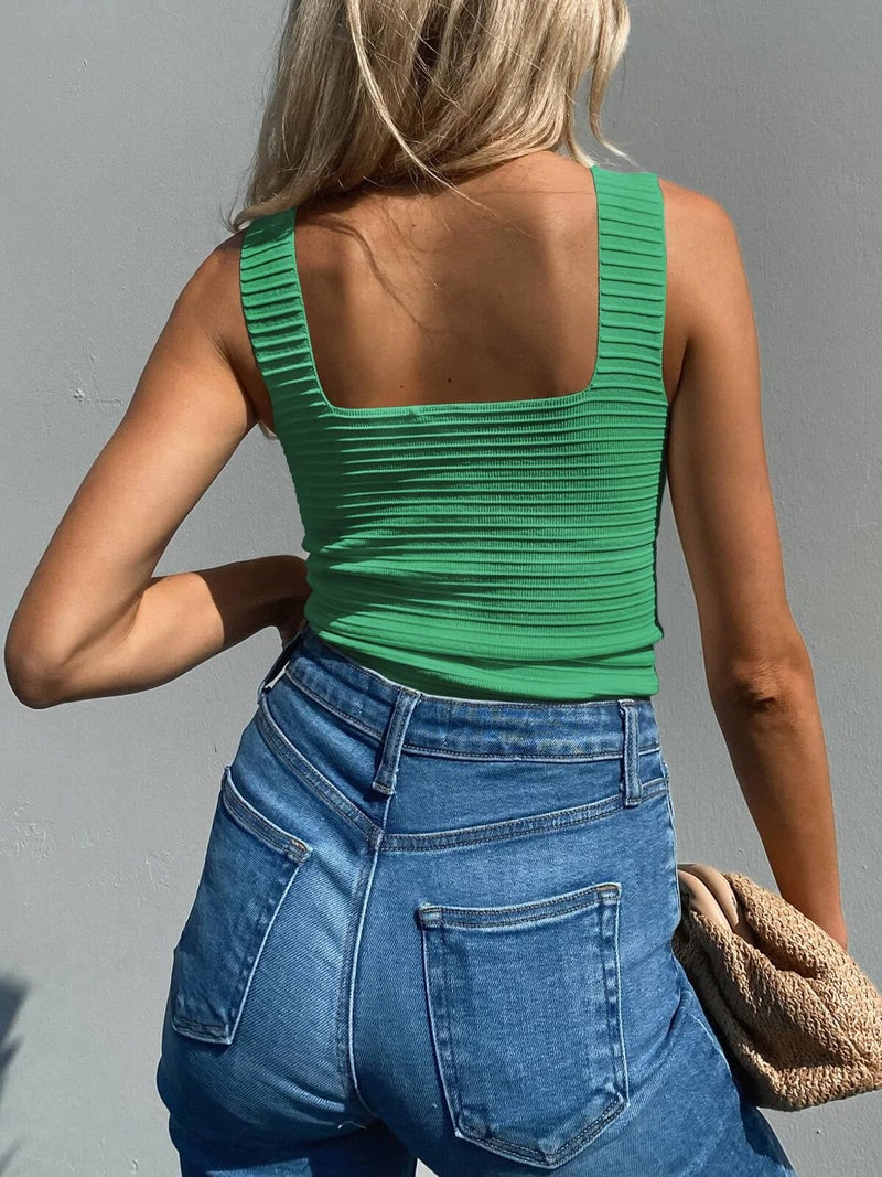 BZB Square Neck Tank Top Green Tank Top Woman Ribbed Tank Tops for Women 2025 Sleeveless Fitted Summer Tops - Image 4