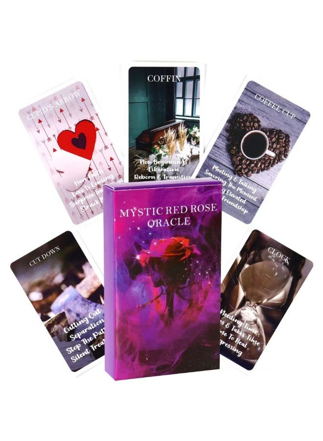 NIBEMINENT 53 Cards - Mystical Red Rose Divination Deck 10.3*6 cm - A Scenario Deck - Tarot Card - Double Flame Divination Card - Keywords of Love - Explanation - Image 1