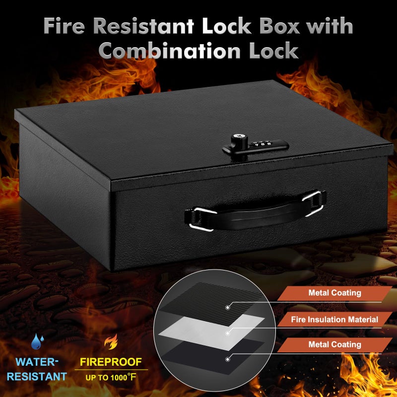 KYODOLED Fireproof Lock Box for Documents, Dual Combination and Key Lock Security with Carrying Handle, Metal Strong Safe Box to Keep Personal Items, Documents, Exterior 13.2''x 11''x4.13'', Black - Image 3