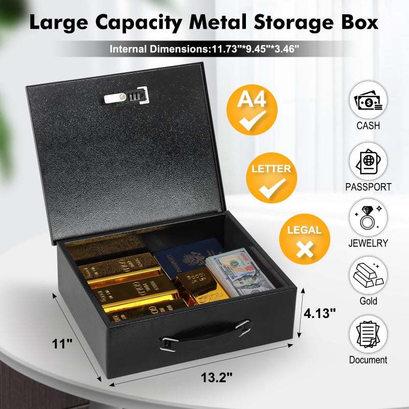 KYODOLED Fireproof Lock Box for Documents, Dual Combination and Key Lock Security with Carrying Handle, Metal Strong Safe Box to Keep Personal Items, Documents, Exterior 13.2''x 11''x4.13'', Black - Image 2