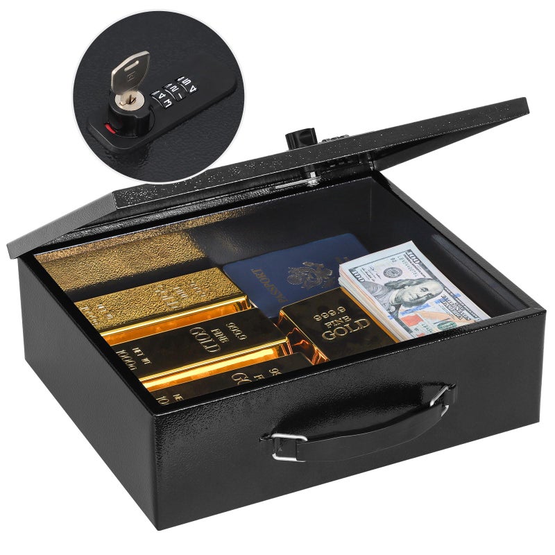 KYODOLED Fireproof Lock Box for Documents, Dual Combination and Key Lock Security with Carrying Handle, Metal Strong Safe Box to Keep Personal Items, Documents, Exterior 13.2''x 11''x4.13'', Black - Image 1