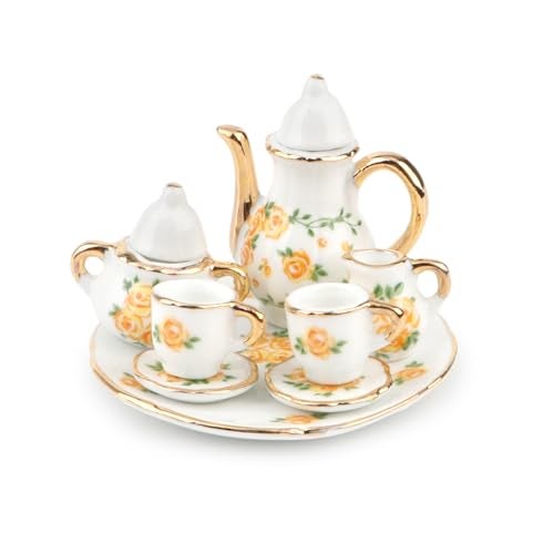 Cutemini Dollhouse 16 Porcelain Tea Cup Sets 8 Pcs Set Miniature Ceramics Dollhouse Accessories Flower Pattern Teapot Platter Dish Sets Dollhouse Kitchen Supplies Decoration Yellow - Image 5