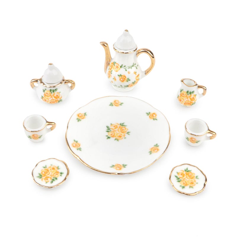 Cutemini Dollhouse 16 Porcelain Tea Cup Sets 8 Pcs Set Miniature Ceramics Dollhouse Accessories Flower Pattern Teapot Platter Dish Sets Dollhouse Kitchen Supplies Decoration Yellow - Image 3