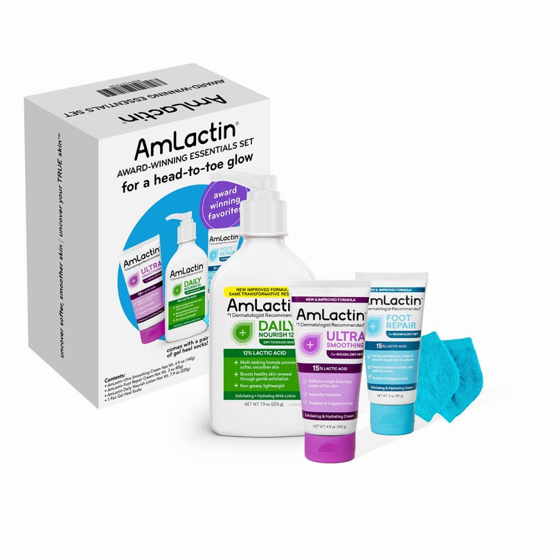 AmLactin مجموعة العناية بالبشرة الحائزة على جوائز من AmLactin - لوشن مغذي يومي 12%، كريم تنعيم فائق، كريم إصلاح القدمين وجوارب مرطبة - مجموعة هدايا مرطب حمض اللاكتيك لتجديد البشرة في جميع أنحاء الجسم - Image 1